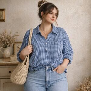Get Your Kicks Blue Gingham Button Down Blouse Ruffle Hem Y2K Sz 22W